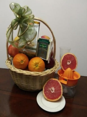 oranges, pears, mangoes, and cheese gift basket 